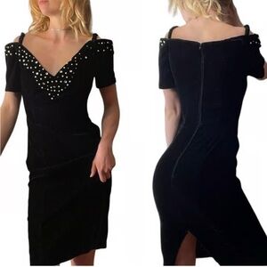 Vintage 80s black velvet rhinestone pearl Studded Dress, 6